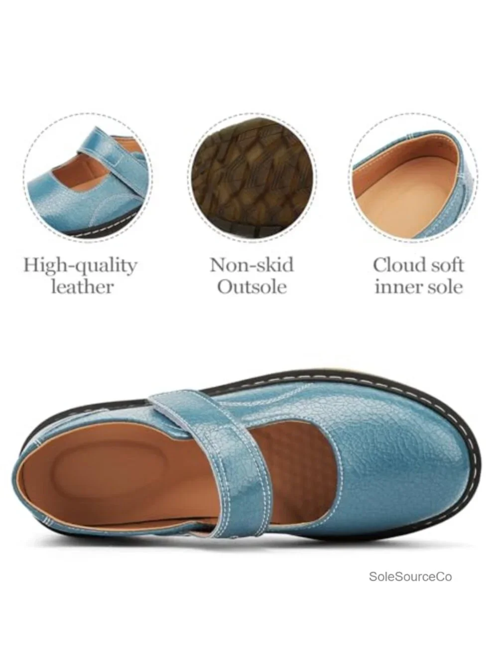 Women's Genuine Leather Mary Jane Flats with Memory Foam Insole, Hook and Loop